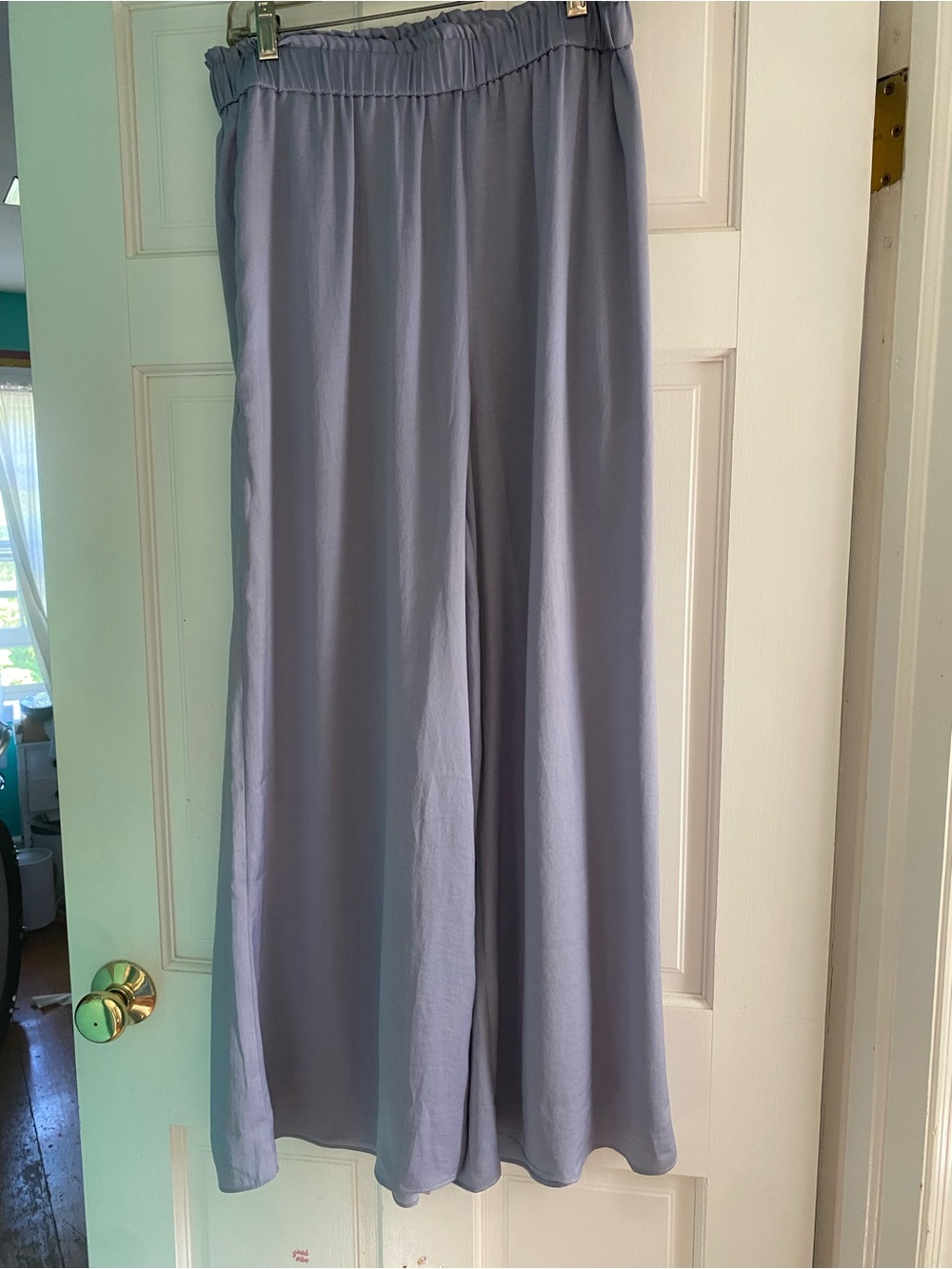Light Slate Wide Leg Elastic Waist Silky Lounge Palazzo Pants Cozy Coquette Sz L